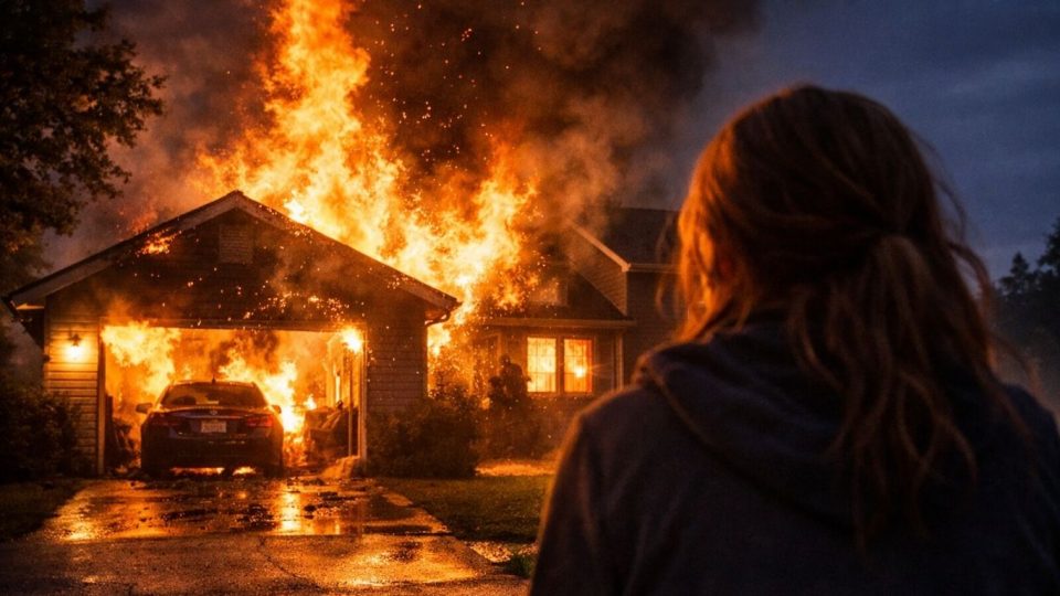 Ноќен пожар во гаража на семејна куќа како симбол на распаднато пријателство и дигитална одмазда