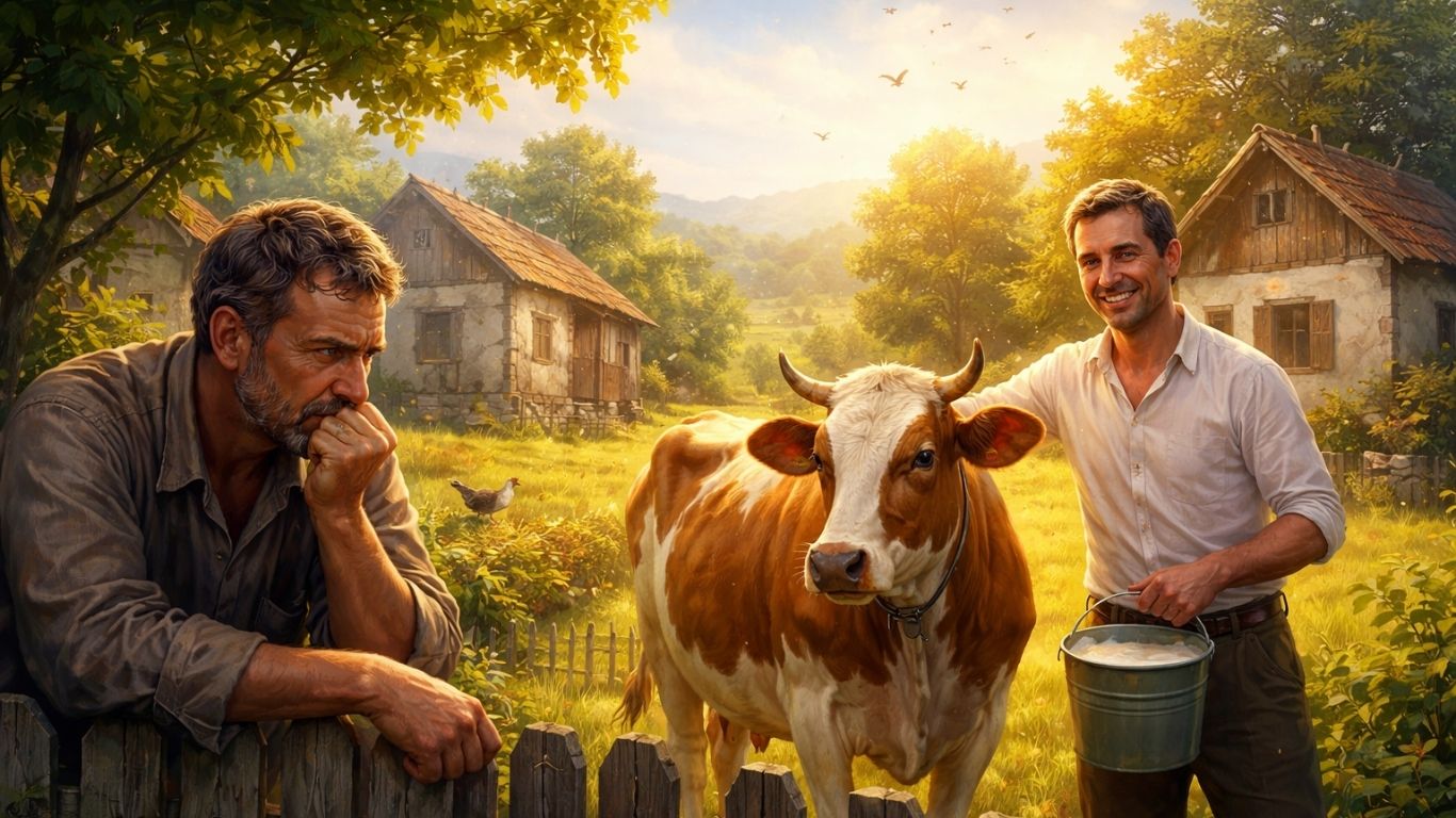 Концептуална сцена со два соседи и симболична крава како метафора за завист и благослов