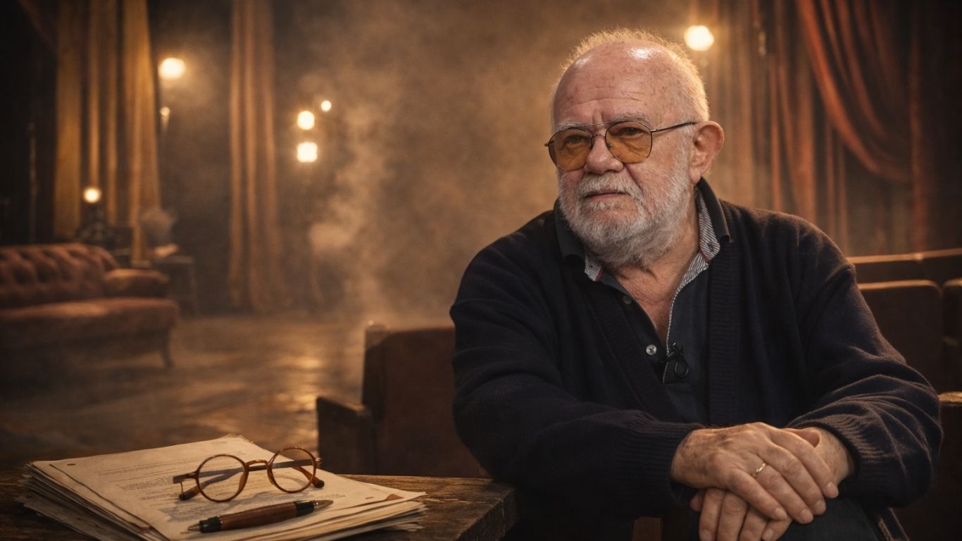 Коле Ангеловски во драмски амбиент со театарска сценографија и сценско осветлување