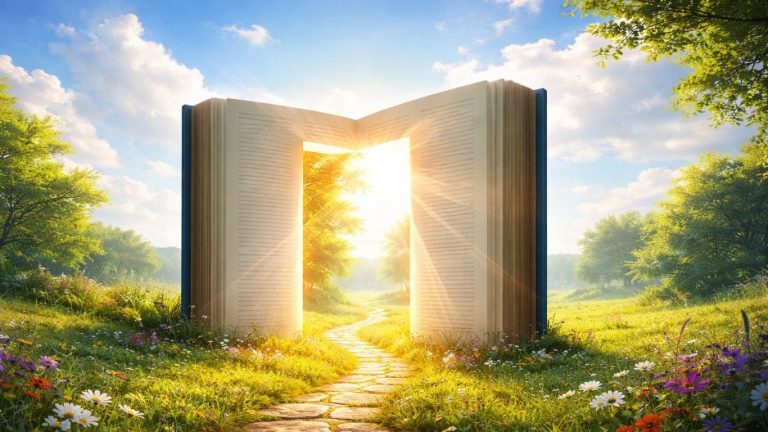 Концептуална врата од книга што се отвора кон светлина - симбол на моќта на насловот