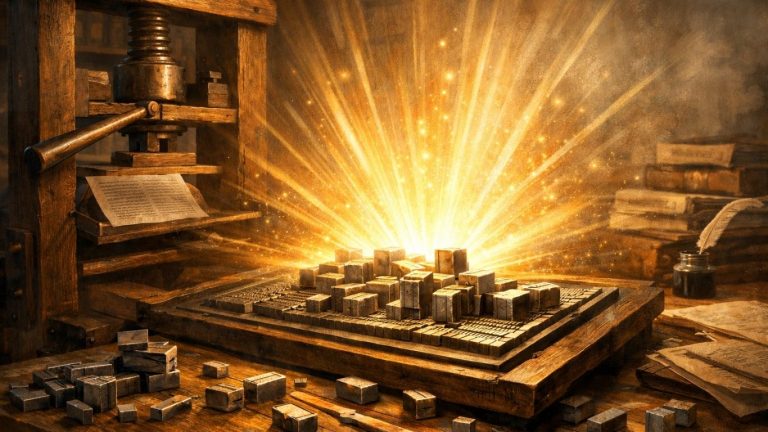 Концептуална илустрација на печатарска преса и подвижни метални букви во светла историска атмосфера