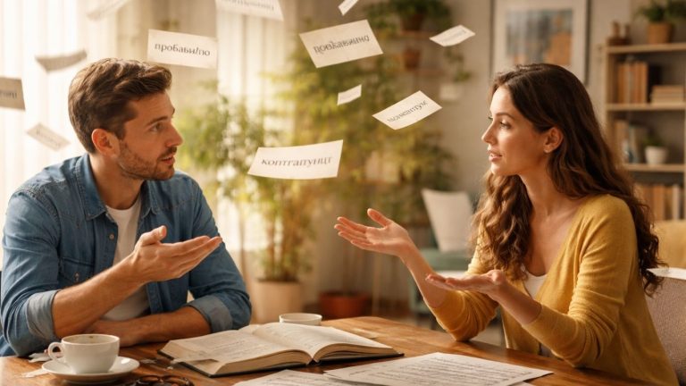 симболична сцена со луѓе во разговор како метафора за значењето и недоразбирањето на зборовите