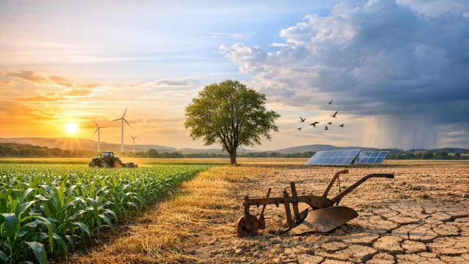 Концептуален пејзаж за конзервационо земјоделство со обработливо поле, заштитена почва и симболика на климатска отпорност