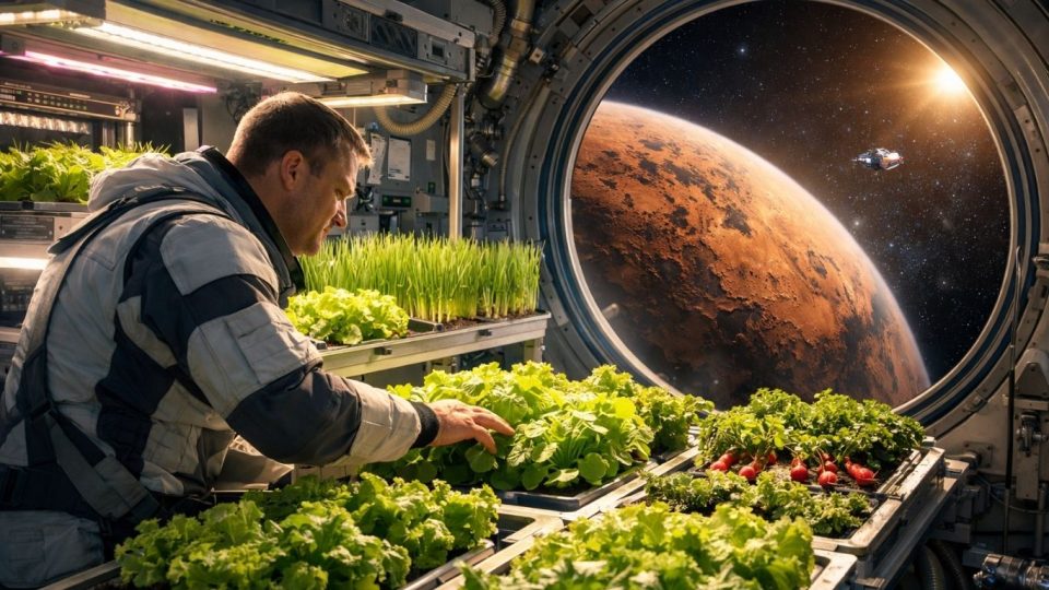 Концептуална слика од одгледување зеленчук во вселенски брод за патување до Марс