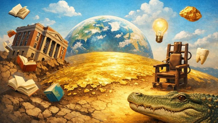 концептуална илустрација со книги, злато и крокодил како симбол на необични факти за светот