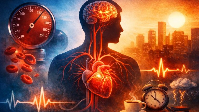 Концептуална илустрација за влијанието на крвниот притисок врз срцето и мозокот