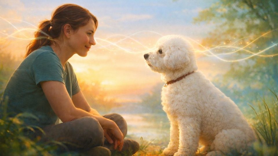 Куче што внимателно гледа во човек во симболична сцена на емоционална поврзаност