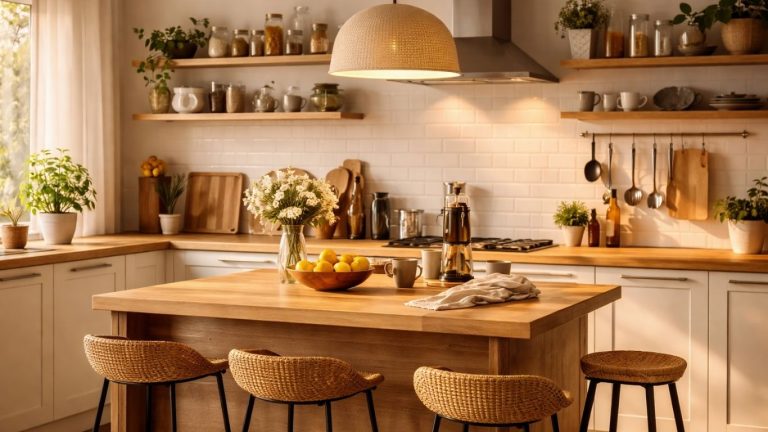 Модерна светла кујна со топло осветлување, дрвена маса и минималистичка организација