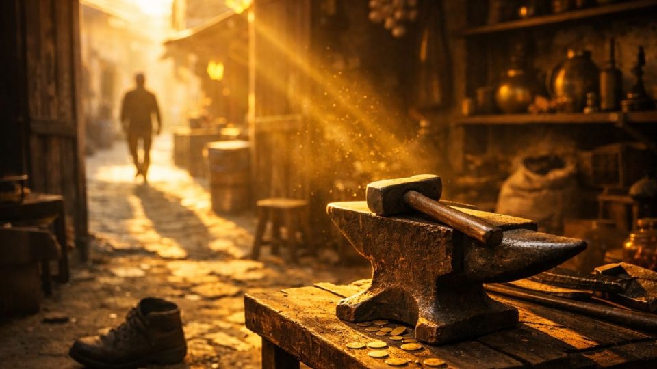 Концептуална сцена со стар дуќан и златна светлина што симболизира пропуштена шанса