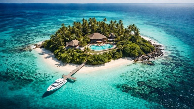 Концептуален приказ на изолиран приватен остров како симбол на луксуз и дистанца од цивилизацијата