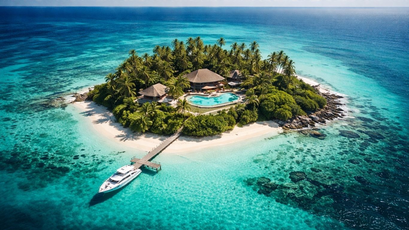 Концептуален приказ на изолиран приватен остров како симбол на луксуз и дистанца од цивилизацијата