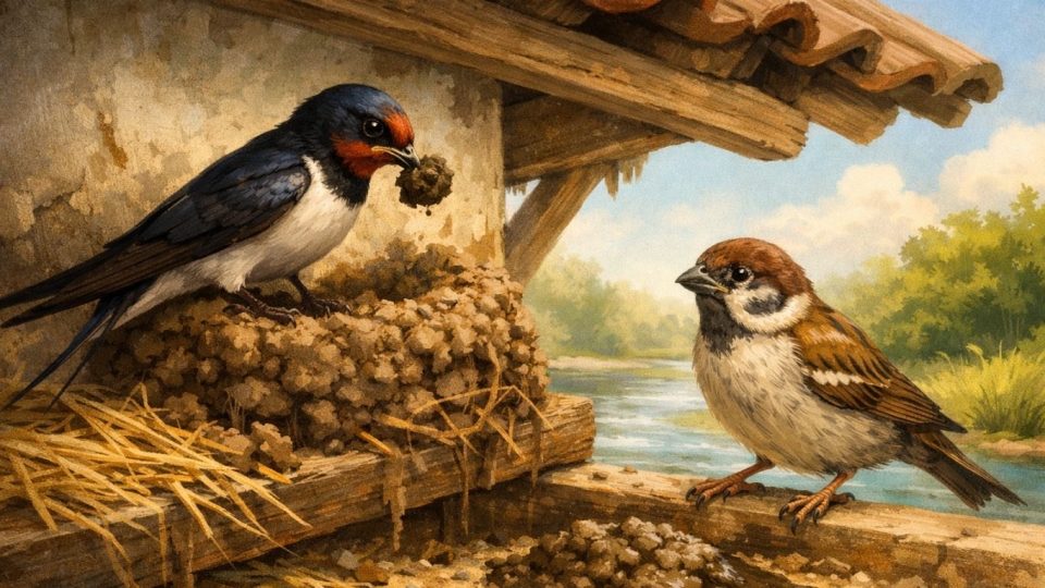 Концептуална илустрација со ластојца и врабец како симбол на труд и учење