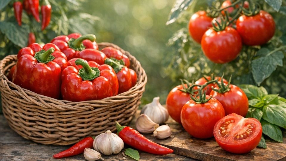 Свежи црвени пиперки и домати на дрвена маса во градина, симбол на здрава исхрана