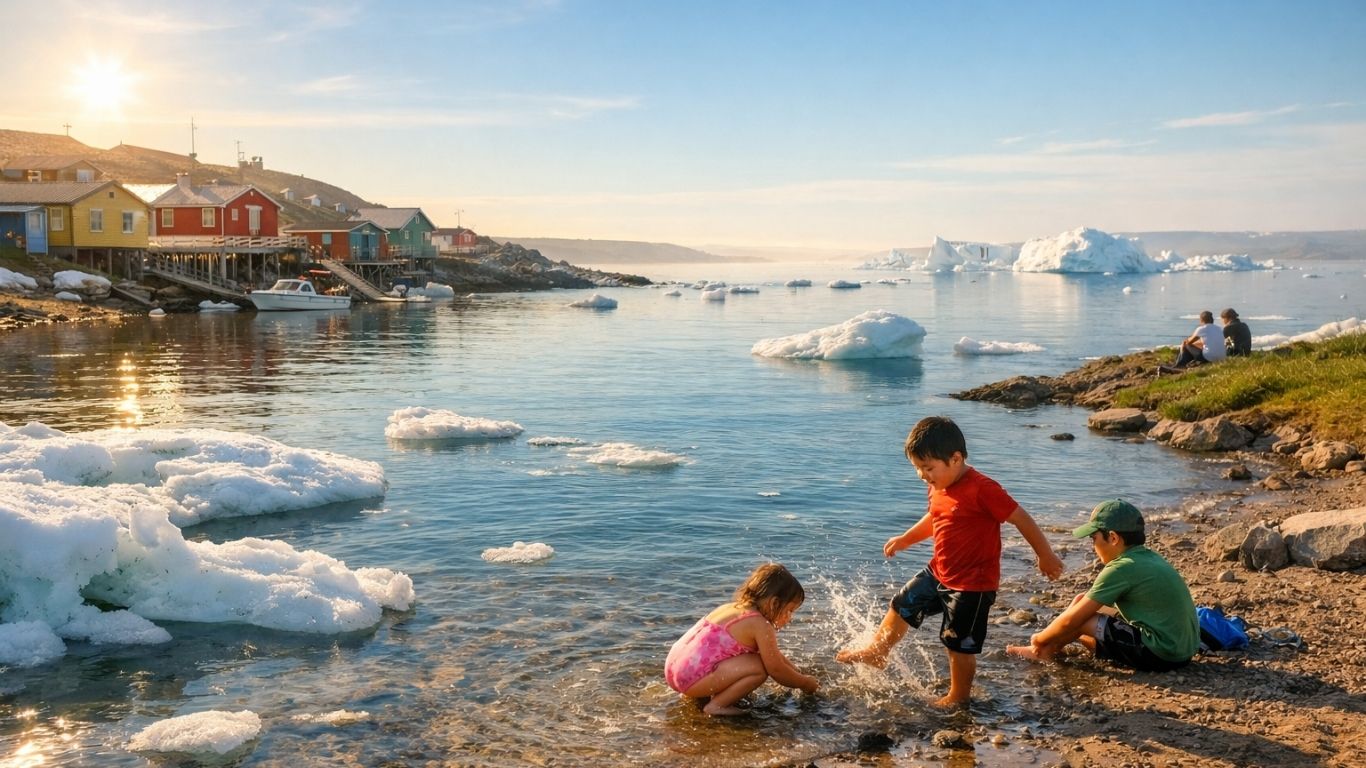 летен ден на арктичкиот брег со топење на мраз и мирно море