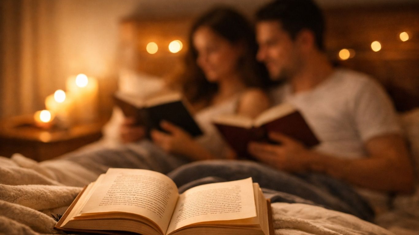 Отворена книга во интимен, топол амбиент како симбол на љубов и блискост