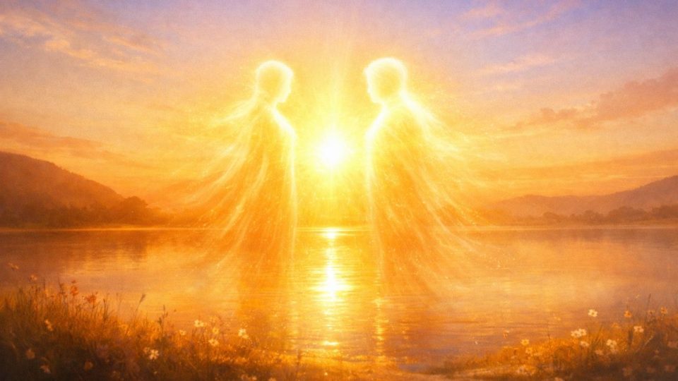 Концептуална симболична слика на две светлосни форми што се приближуваат во топол, светол пејзаж