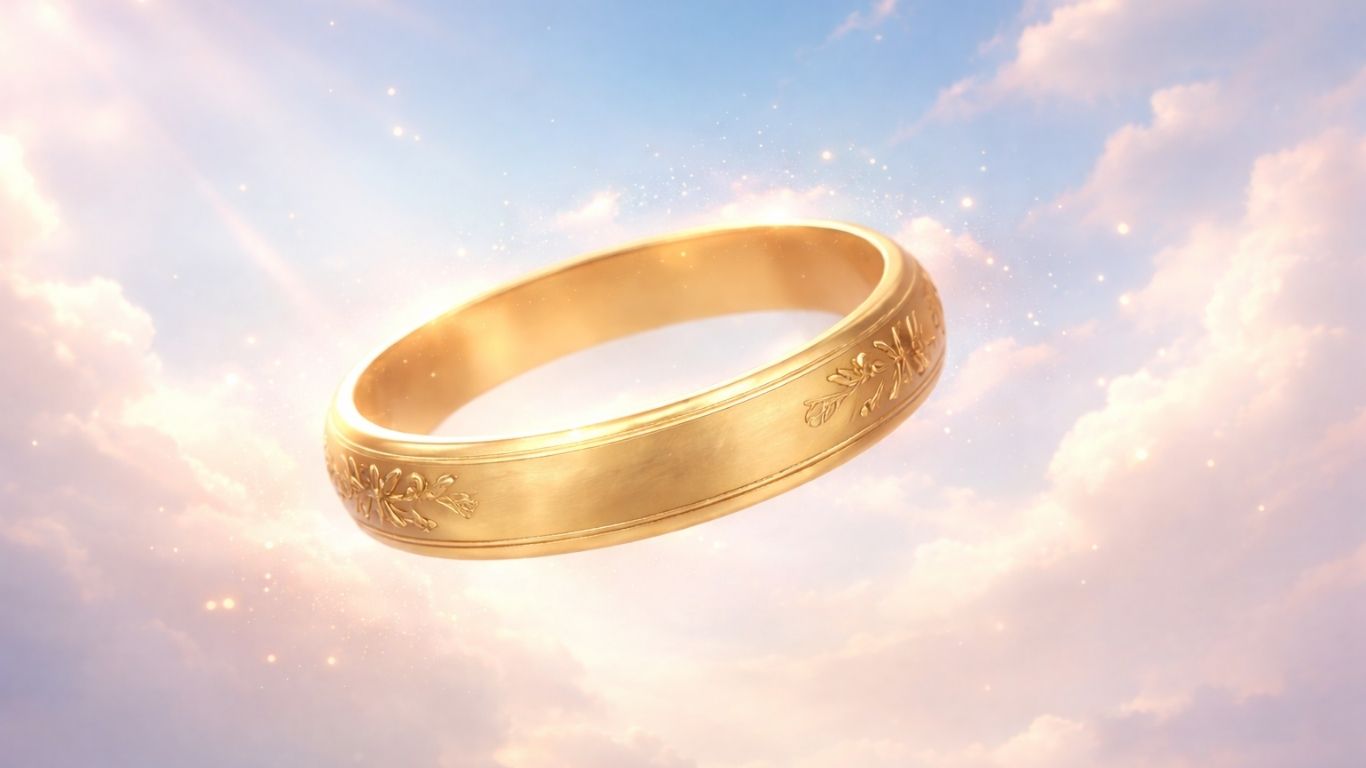 Концептуална слика од златен прстен со симбол на минливост наспроти светла позадина