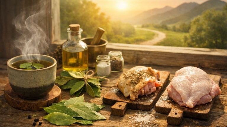 Концептуална сцена со ловоров лист, чај и свежи состојки во топла природна светлина