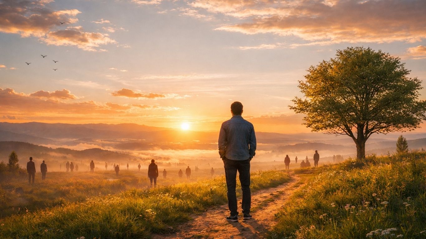 Човек стои на рид и гледа кон хоризонтот додека околу него има други луѓе во далечината при зајдисонце