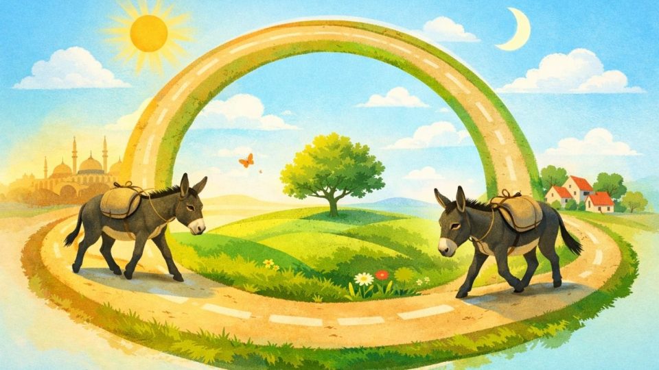 Концептуална илустрација на магаре што тргнува и се враќа по ист пат како метафора за непроменетост