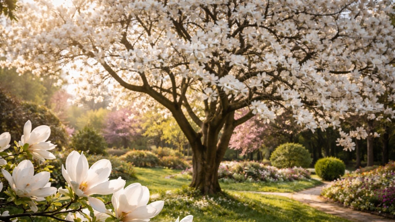 Цветна магнолија во пролетна градина со раскошни бели цветови