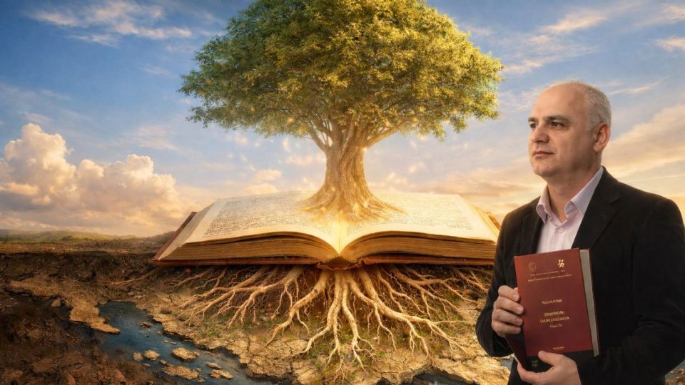 Отворена книга од која излегуваат светли букви што се претвораат во корени - симбол на етимолошкиот речник и потеклото на зборовите