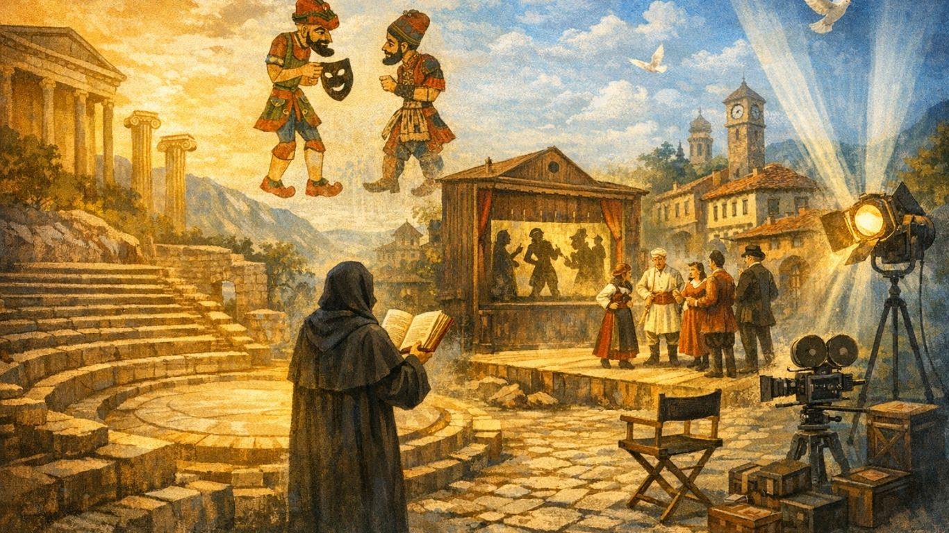 Концептуална илустрација на театарска сцена што симболично ги поврзува античкиот амфитеатар и современата македонска сцена