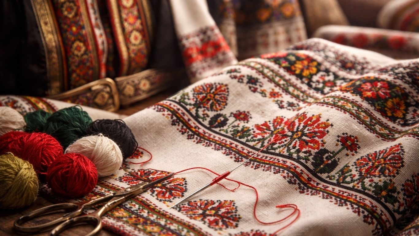 Детал од македонски народен вез со густ полнеж и традиционални орнаменти