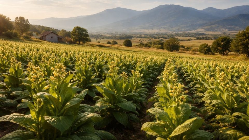 Тутуново поле во Македонија со свежи зелени листови и планински пејзаж во позадина