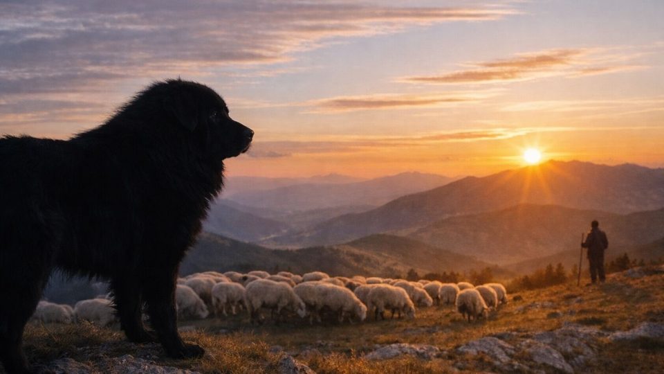 Црн караман овчарски пес доминира на планински гребен над стадо овци при зајдисонце
