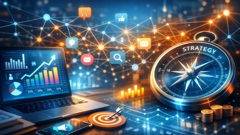 Концептуална илустрација на дигитален маркетинг екосистем со мрежа, аналитика и стратегија