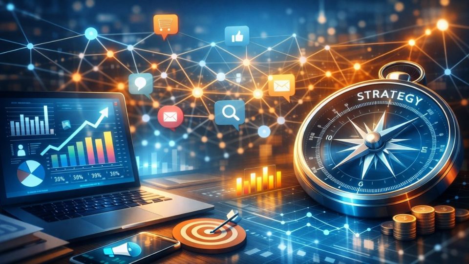 Концептуална илустрација на дигитален маркетинг екосистем со мрежа, аналитика и стратегија