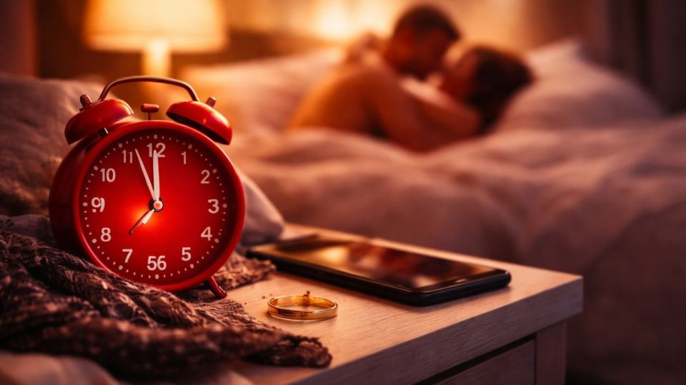 Црвен будилник на ноќна масичка во интимна спална атмосфера како симбол на митот дека мажите мислат на секс на секои 7 секунди