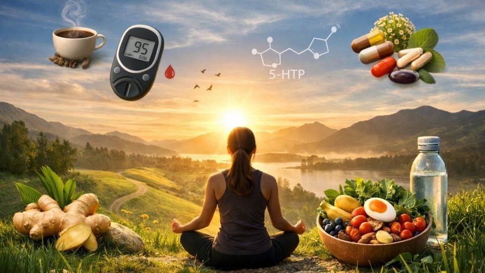 Концептуална визуелизација за мигрена, мир, хидратација, исхрана и природна поддршка преку здрави навики