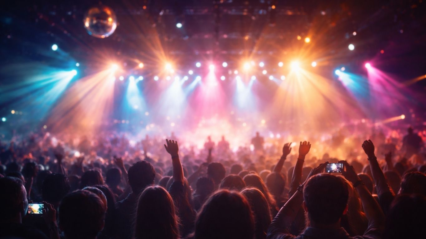 Концептуална сцена со светла на сцена и замаглена публика како симбол на минливоста и медиумската илузија