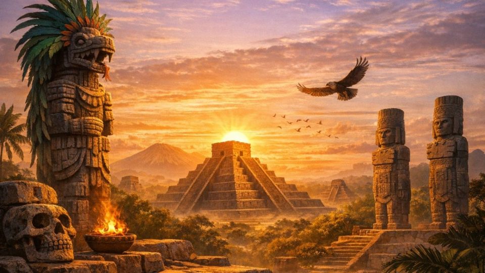 Концептуална илустрација на мезоамериканска пирамида со митолошки статуи и симболика на Петте Сонца