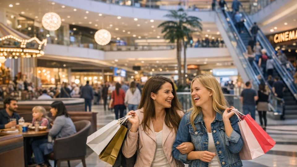 современа трговска зона со луѓе кои уживаат во купување и искуства
