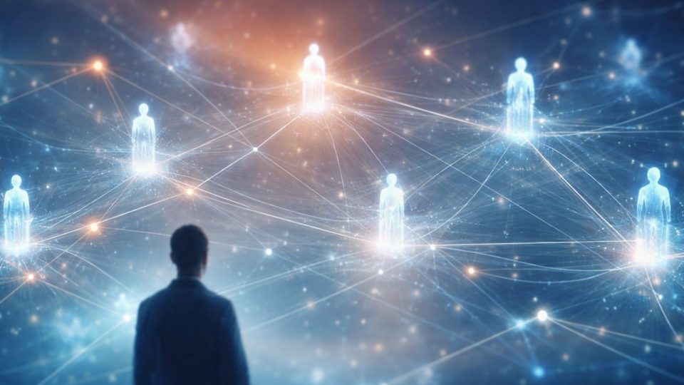 Концептуална илустрација на AI агенти што комуницираат меѓу себе со човек како набљудувач