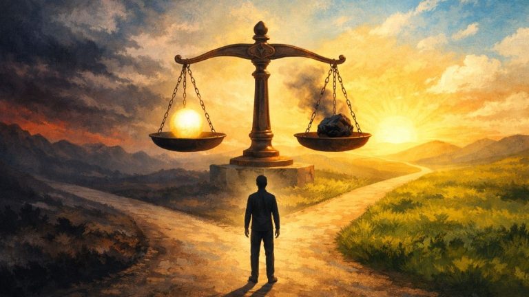 Концептуална илустрација на баланс помеѓу добро и зло во светла атмосфера