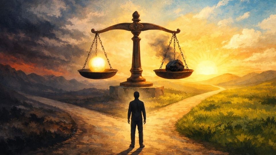 Концептуална илустрација на баланс помеѓу добро и зло во светла атмосфера