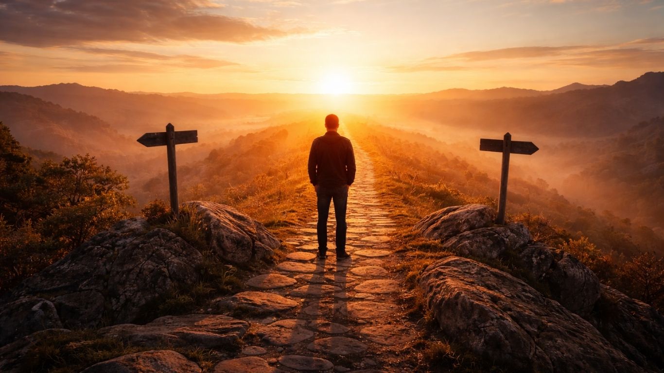 човек на пат кон изгрејсонце симбол на морална одлука