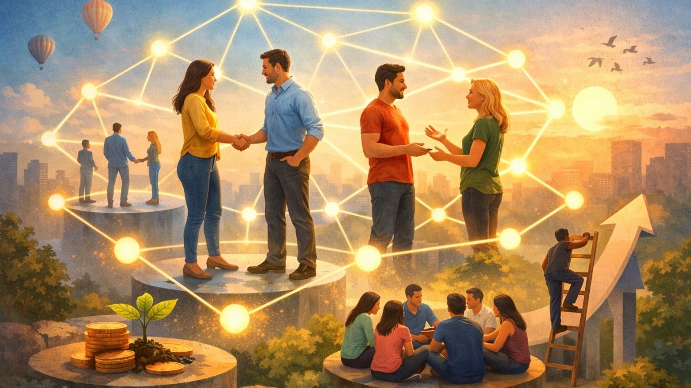 Концептуална илустрација за мрежен маркетинг како систем на доверба и човечки врски