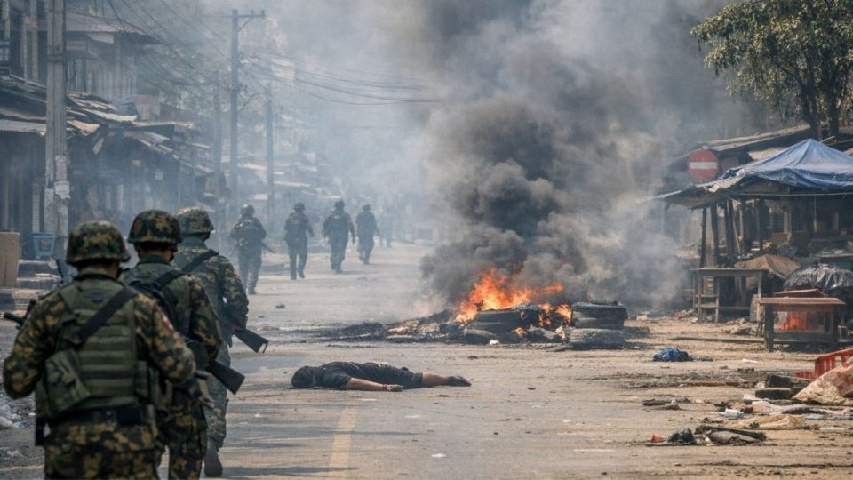 Симболична конфликтна улица со чад, војници и запалена барикада - визуелизација за историските настани на 9 април