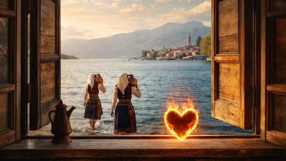 Концептуелна сцена инспирирана од народната песна „На Струга дуќан да имам“ - Струга, вода, кепенци и љубовен копнеж