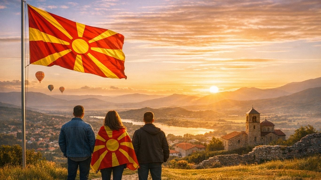 Концептуална пејзажна сцена што симболизира национален идентитет, припадност и односот меѓу човекот, заедницата и современиот свет