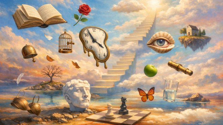 Концептуална надреалистичка сцена со лебдечки предмети и светли бои што симболизираат потсвест и соништа