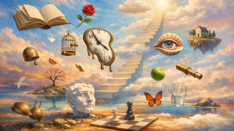 Концептуална надреалистичка сцена со лебдечки предмети и светли бои што симболизираат потсвест и соништа