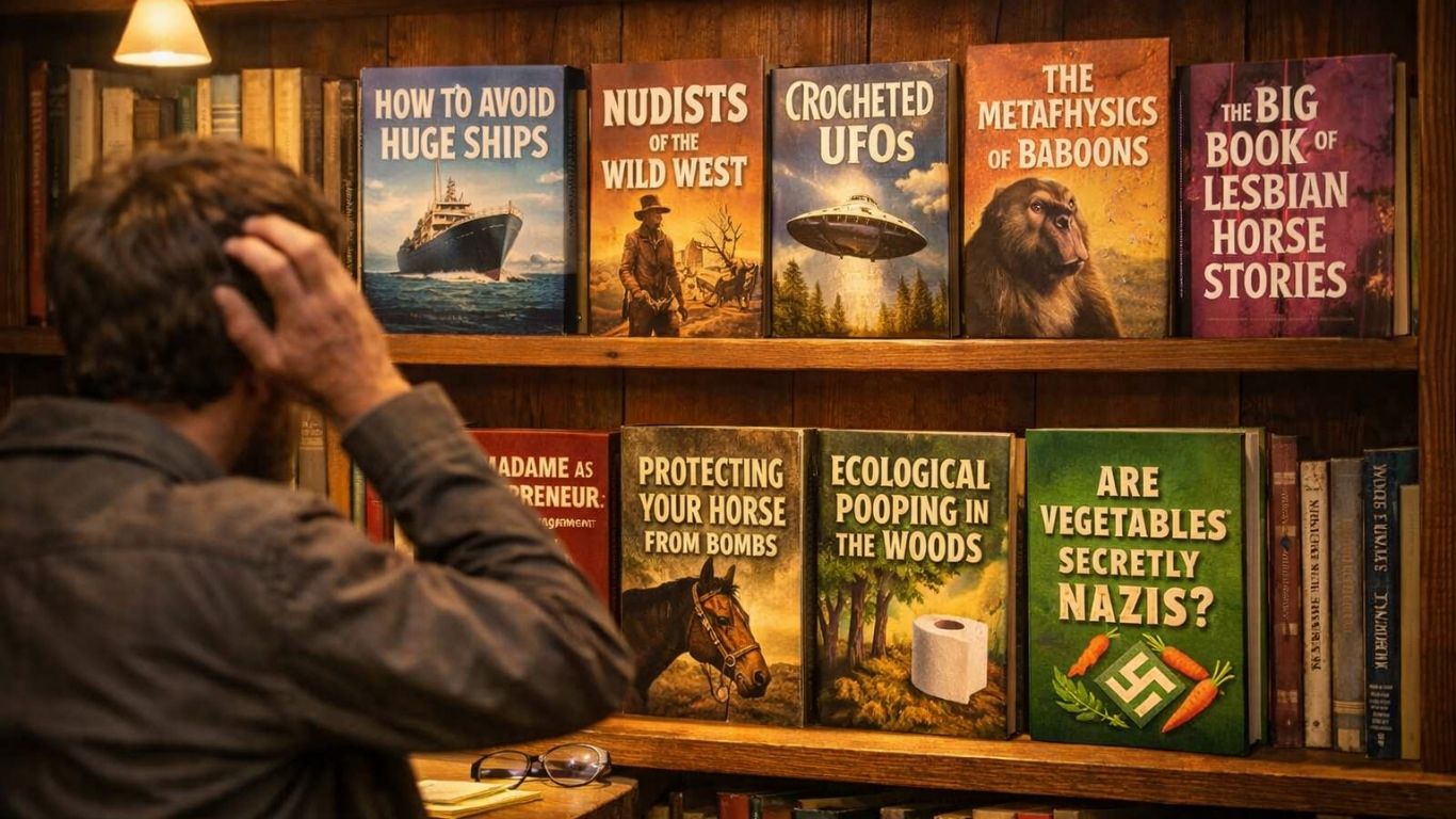 полицa со книги со бизарни и необични наслови во книжарница