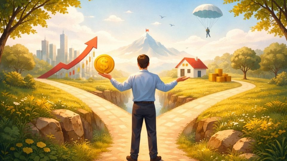 концептуална илустрација на инвеститор кој балансира меѓу ризик и стабилност на финансиски пазар