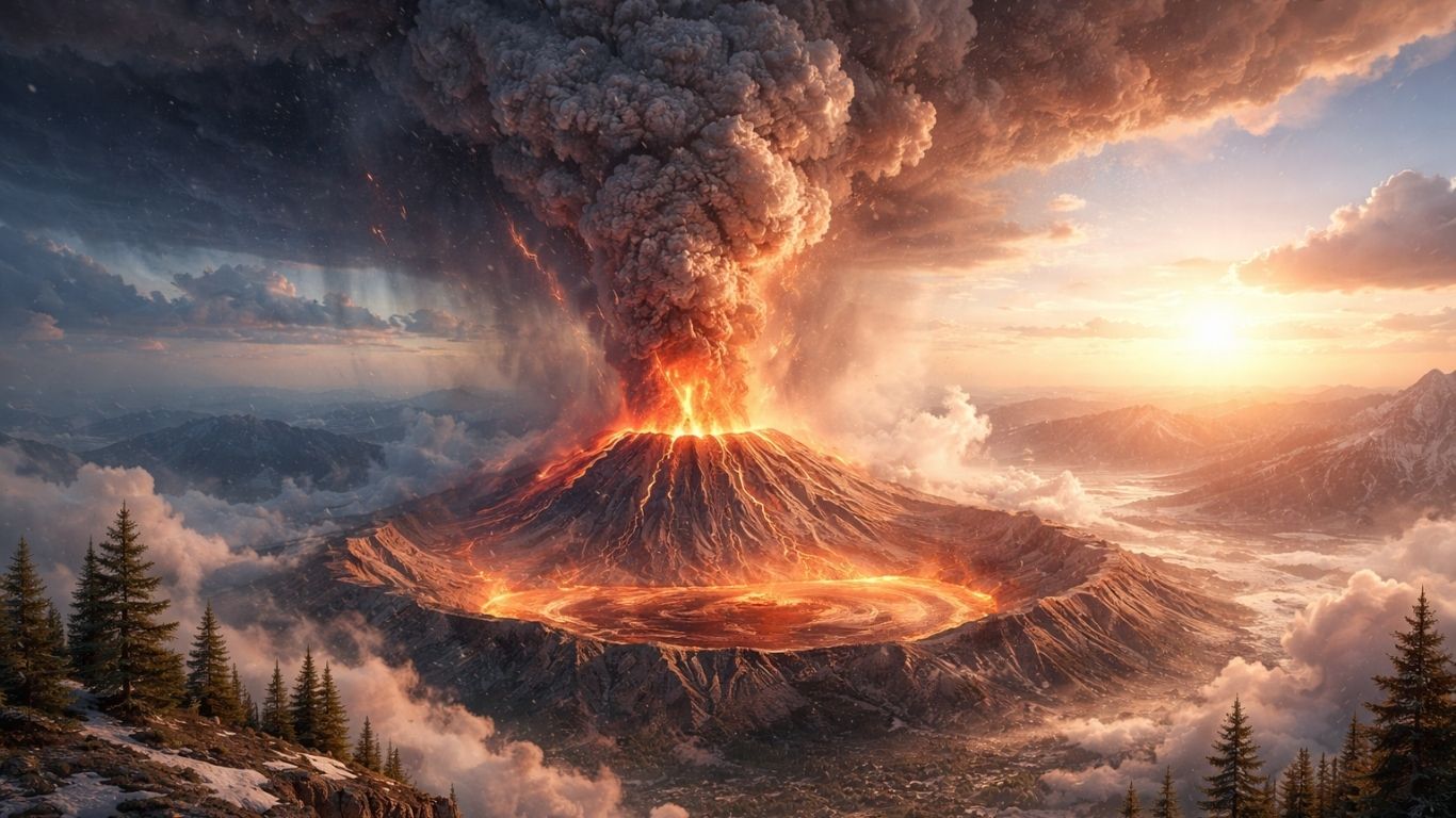 Концептуална илустрација на супервулканска ерупција со светла атмосфера и симболична вулканска зима